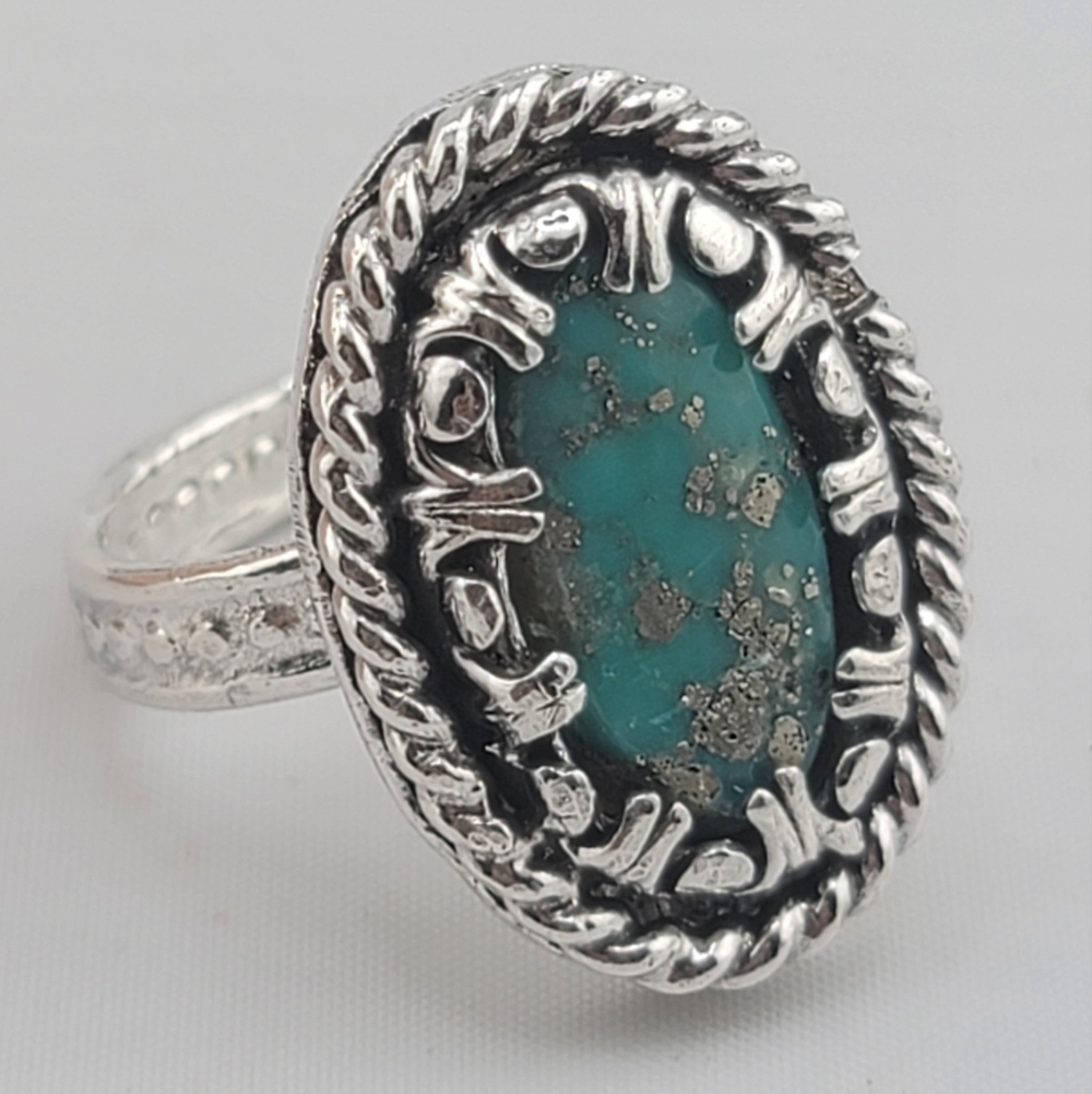 TURQUOISE OVAL RING HANDMADE IN STERLING SILVER METAL SIZE 8 - Picture 4 of 7
